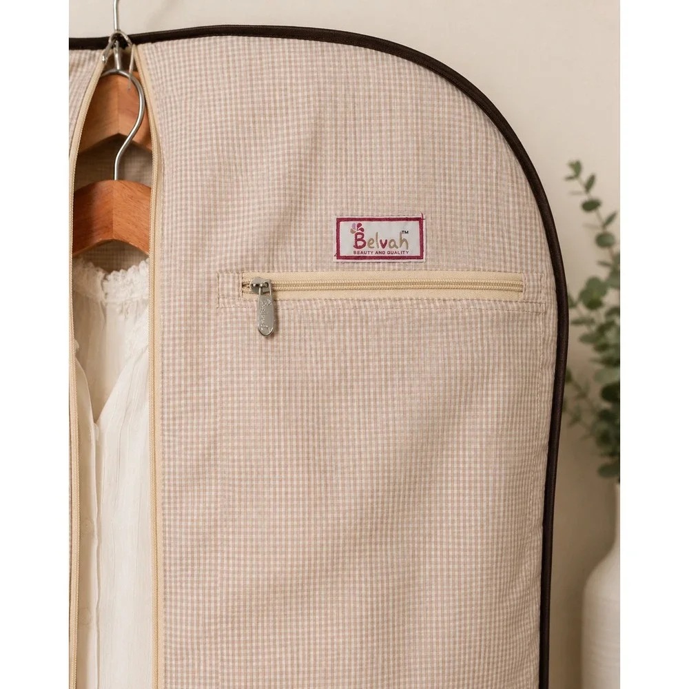 Belvah Quilted Garment Bag Brown Cream Damask Travel Suit Cover with Bow Detail
